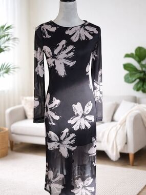 Black Sheer Floral Midi Dress | Long Sleeve Mesh Overlay | Elegant & Chic